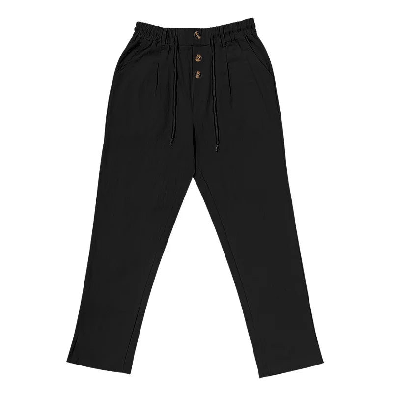 Men's Linen Pants Men's Lightweight Linen Blend Pants Jogging Men Casual Trousers with Button Design Basic Beach Vacation