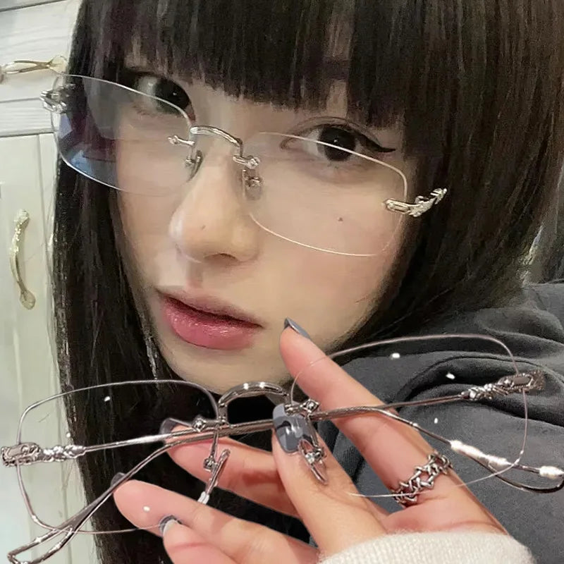 New Transparent Square Rimless Eyeglasses Blue Light Blocking Glasses Fashion Frameless for Women Men Silver Computer Glasses