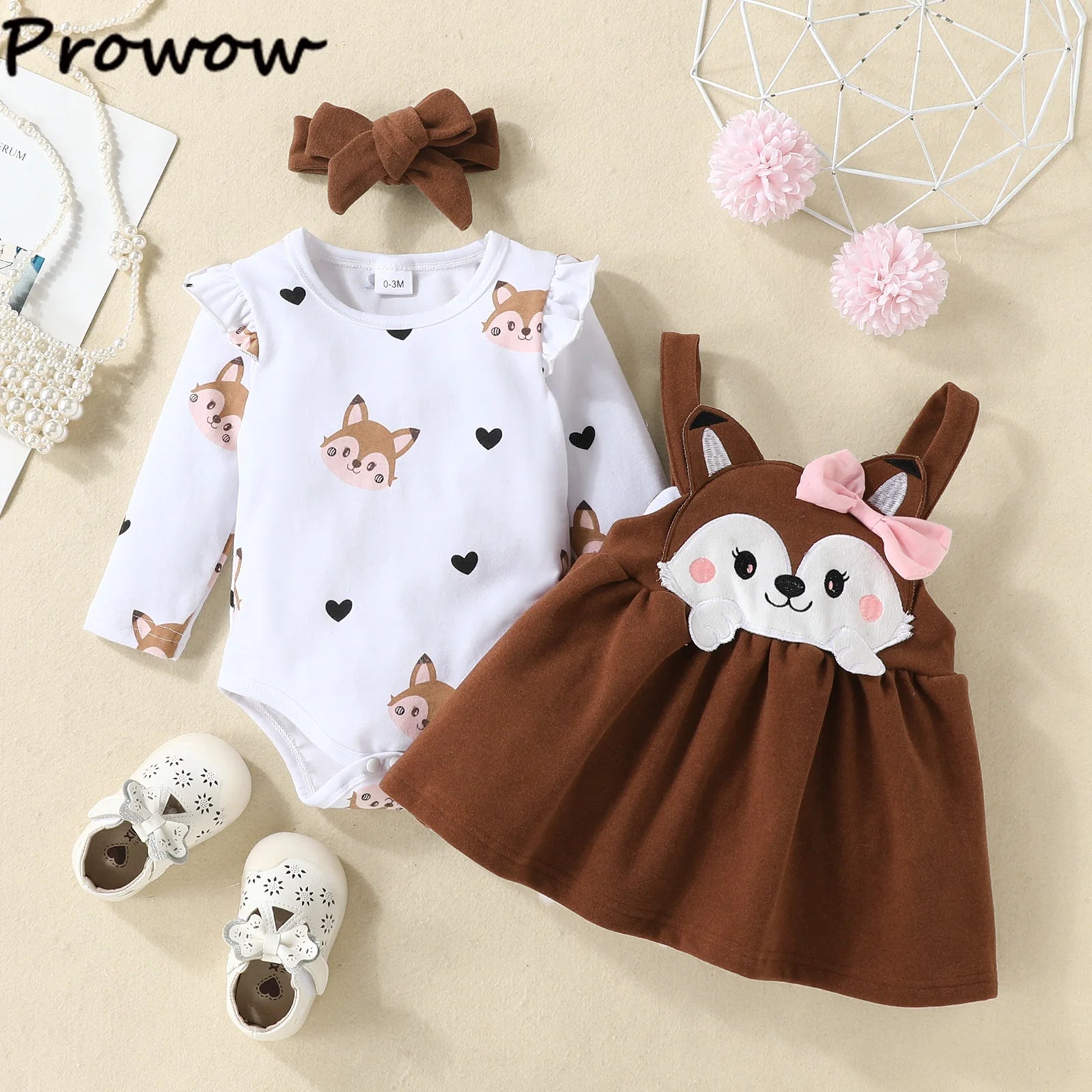 Prowow Cute Fox Baby Dresses For Girls Heart Print Romper+Suspender Fox Dress For Girls Fall Winter Newborn Baby Girl Clothes