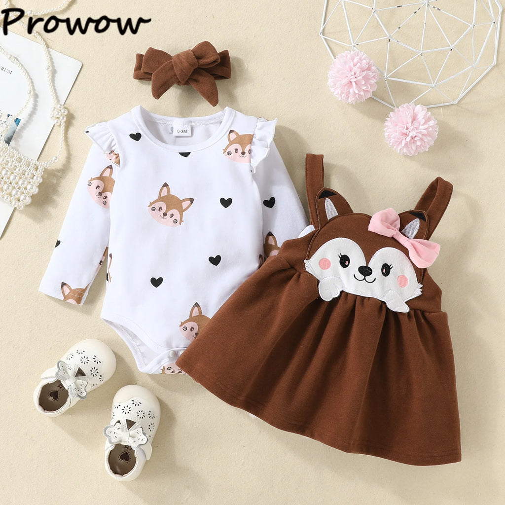 Prowow Cute Fox Baby Dresses For Girls Heart Print Romper+Suspender Fox Dress For Girls Fall Winter Newborn Baby Girl Clothes