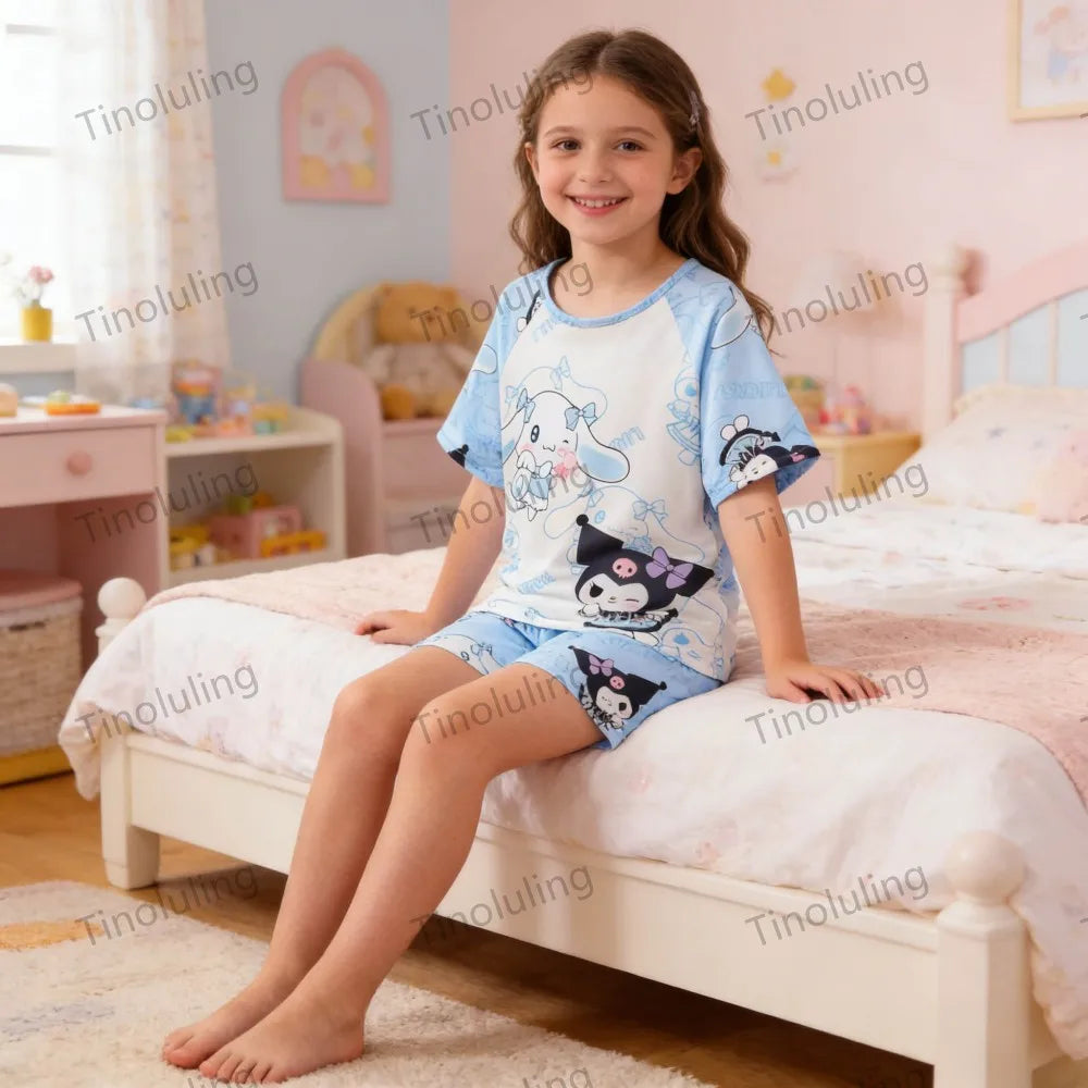 3 to 12 Years Girls Pajamas Summer Pyjamas Sets Kids Hello Kitty Cat Kuromi Tops+Short Pants Sleep Wear Little Girl Clothing