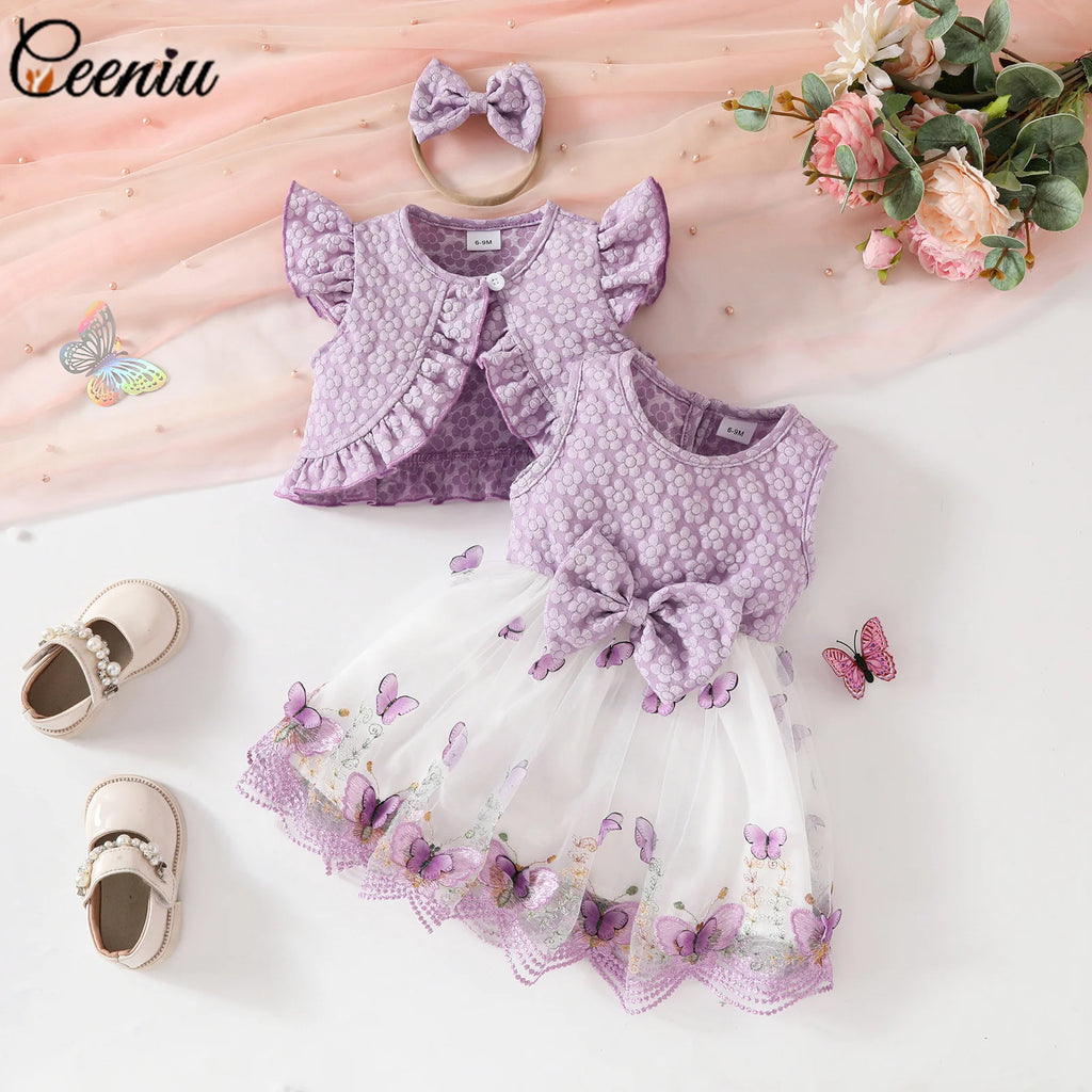 Ceeniu Baby Dresses For Birthday Long Sleeve Ruffles Bow Butterfly Party Dress For Girls 2024 Toddler Newborn Girl Clothes 2024