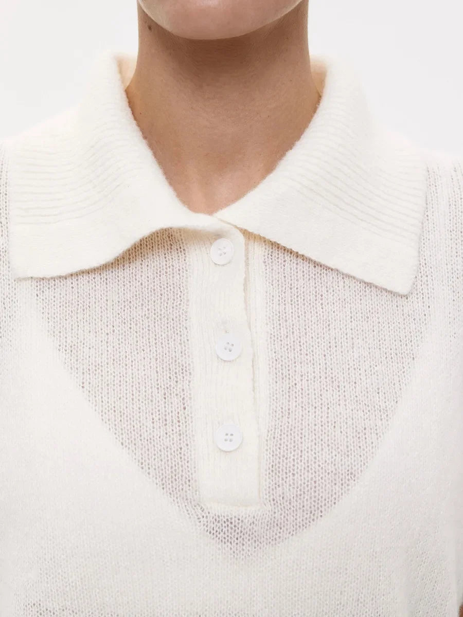 Casual Short Sleeve Knit Pullover For Women Lapel Patchwork See-Through Solid Commute Hollow Out Knitwear Sweater Pullover