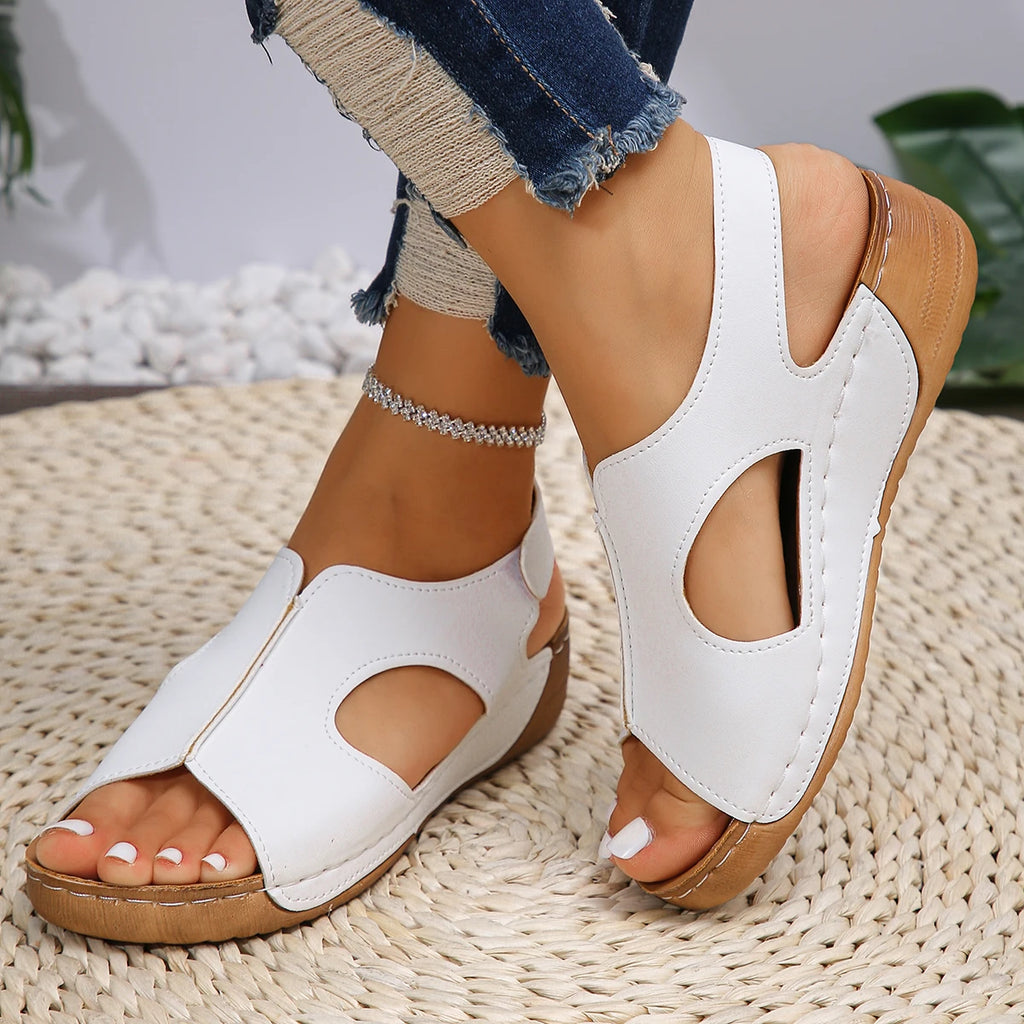 Summer Sandals for Women  Wedge Heel Platform Shoes Synthetic Leather Peep Toe Hook Loop Casual Beach Walking Ladies Footwear