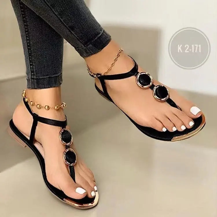 Summer Sandals Women Fashion Casual Beach Outdoor Flip Flop Sandals Metal Decoration Ladies Flat Shoes Big Size 2024