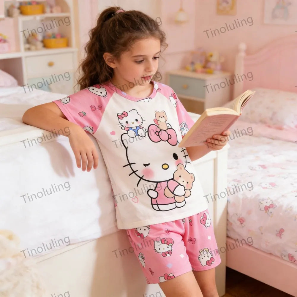 3 to 12 Years Girls Pajamas Summer Pyjamas Sets Kids Hello Kitty Cat Kuromi Tops+Short Pants Sleep Wear Little Girl Clothing