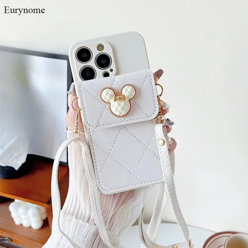 Cartoon Diamond Leather Wallet Case for iPhone 17 16 14 13 11 12 15 Pro Max Plus XS X 16E Card Holder Crossbody Lanyard Cover