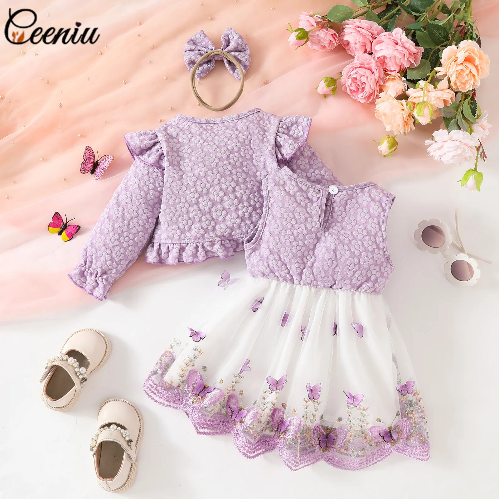 Ceeniu Baby Dresses For Birthday Long Sleeve Ruffles Bow Butterfly Party Dress For Girls 2024 Toddler Newborn Girl Clothes 2024