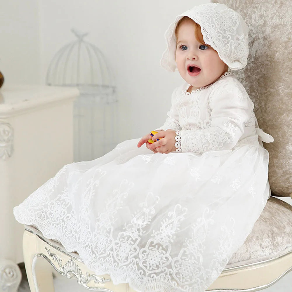 White Lace Baby Dresses + Hat For Christening 0 To 12 24 Months First Birthday Toddler Girl Clothes Infant One-piece Gown