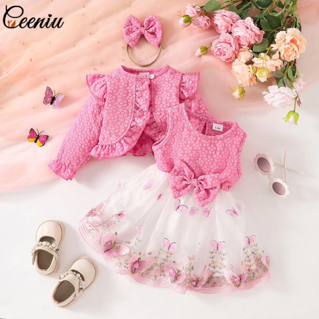 Ceeniu Baby Dresses For Birthday Long Sleeve Ruffles Bow Butterfly Party Dress For Girls 2024 Toddler Newborn Girl Clothes 2024