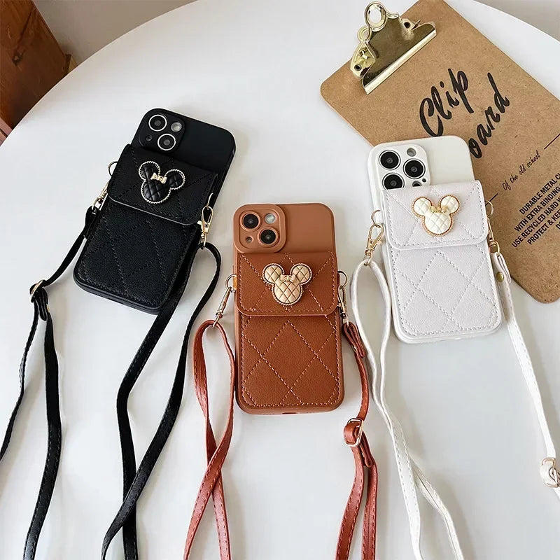 Cartoon Diamond Leather Wallet Case for iPhone 17 16 14 13 11 12 15 Pro Max Plus XS X 16E Card Holder Crossbody Lanyard Cover