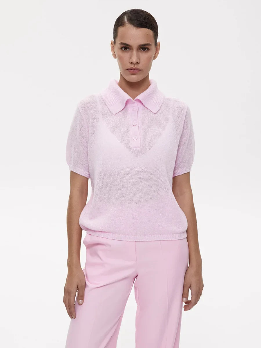 Casual Short Sleeve Knit Pullover For Women Lapel Patchwork See-Through Solid Commute Hollow Out Knitwear Sweater Pullover