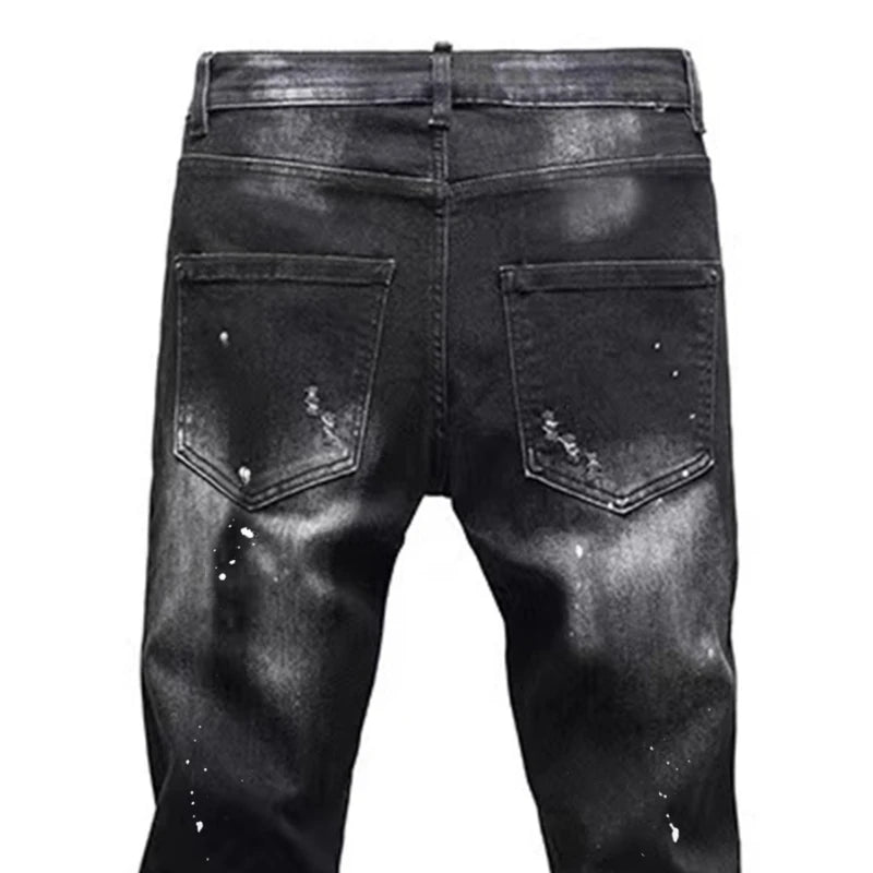 Vintage Washed Distressed Denim Jeans Men Paint Splatter Ripped Slim Fit Biker Trousers Street Style Hip Hop Pants for Guys