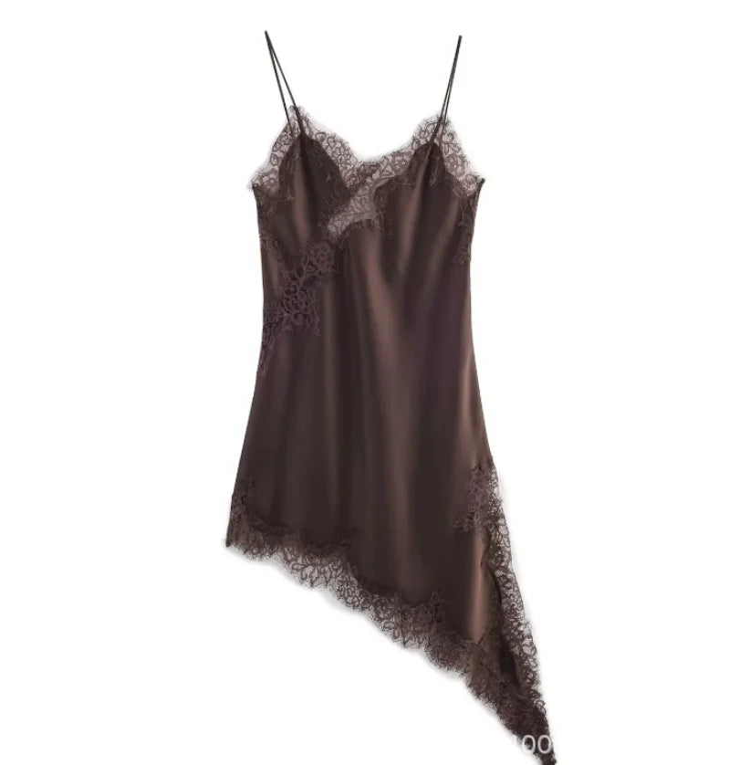 Womens Dresses Lace Asymmetric Slip Dress Summer Sexy Evening Dresses Ladies Mini Brown Sleeveless Backless Vestidos