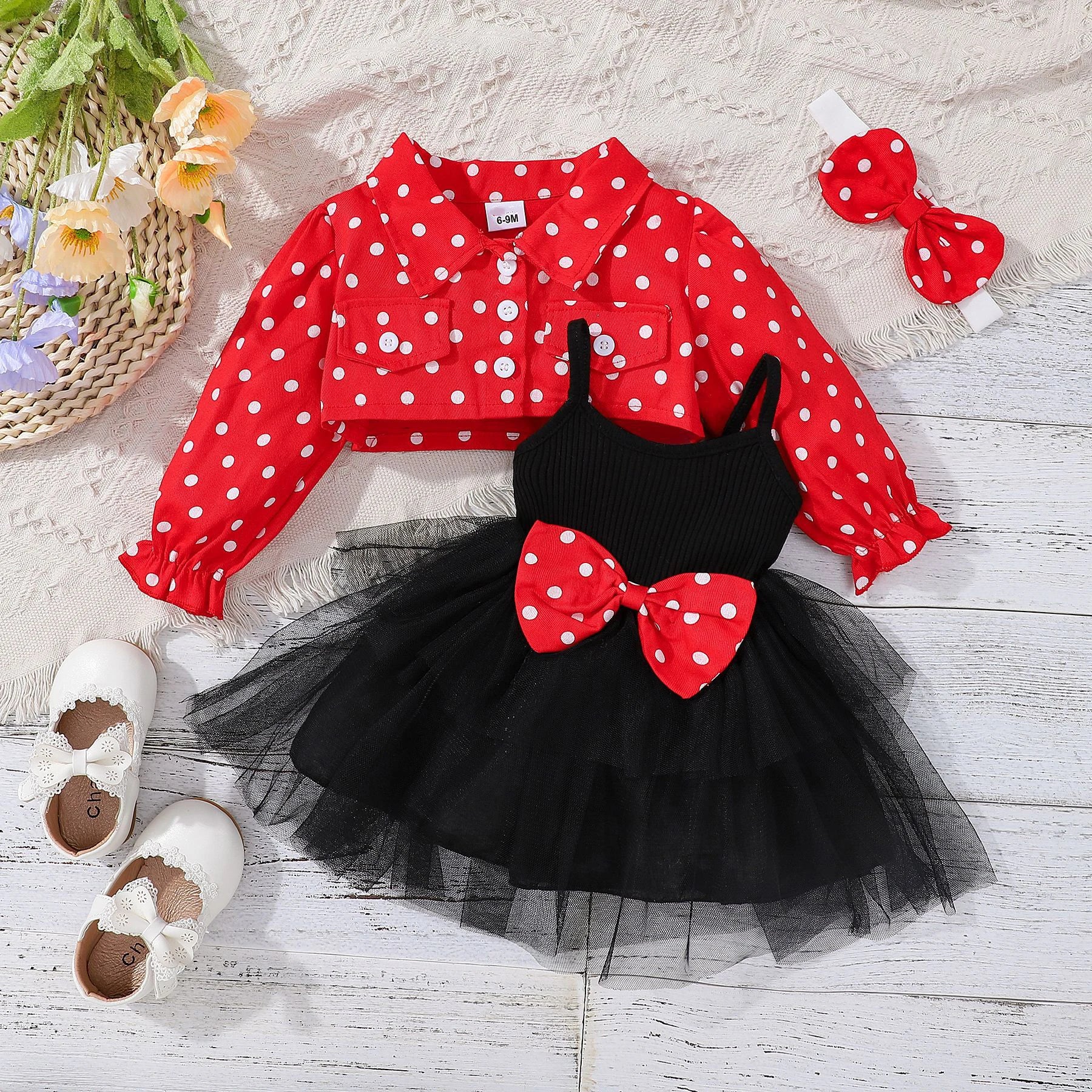Prowow 3-24M Infant Baby Dresses Polka Dots Coat Jacket+Sleeveless Princess Mesh Dress Newborns Cute Baby Clothes Outfit Sets