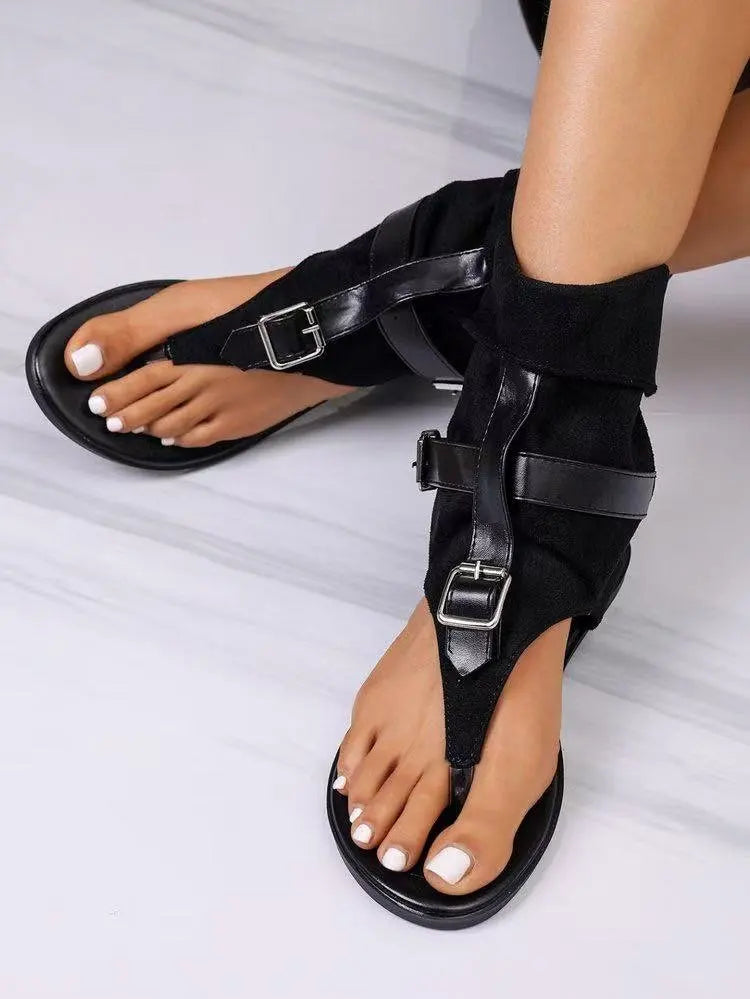 Summer Women Sandals Trend New Clip Toe Roman Sandals Denim Belt Buckle Large Size High Top Flat Boots Dressy Casual Shoes Women