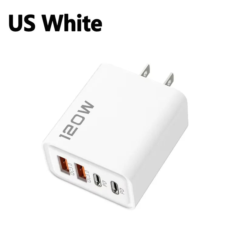 4 Ports 120W Charger USB C PD Quick Charge 3.0 Type C USB Phone Chargers Super Fast Charging Adapter For iPhone Samsung Xiaomi