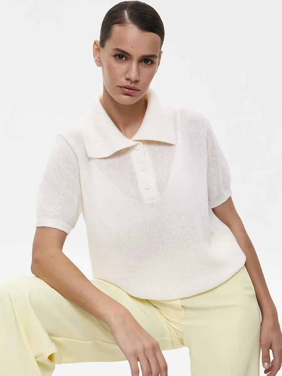 Casual Short Sleeve Knit Pullover For Women Lapel Patchwork See-Through Solid Commute Hollow Out Knitwear Sweater Pullover