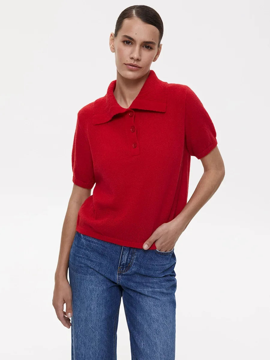 Casual Short Sleeve Knit Pullover For Women Lapel Patchwork See-Through Solid Commute Hollow Out Knitwear Sweater Pullover