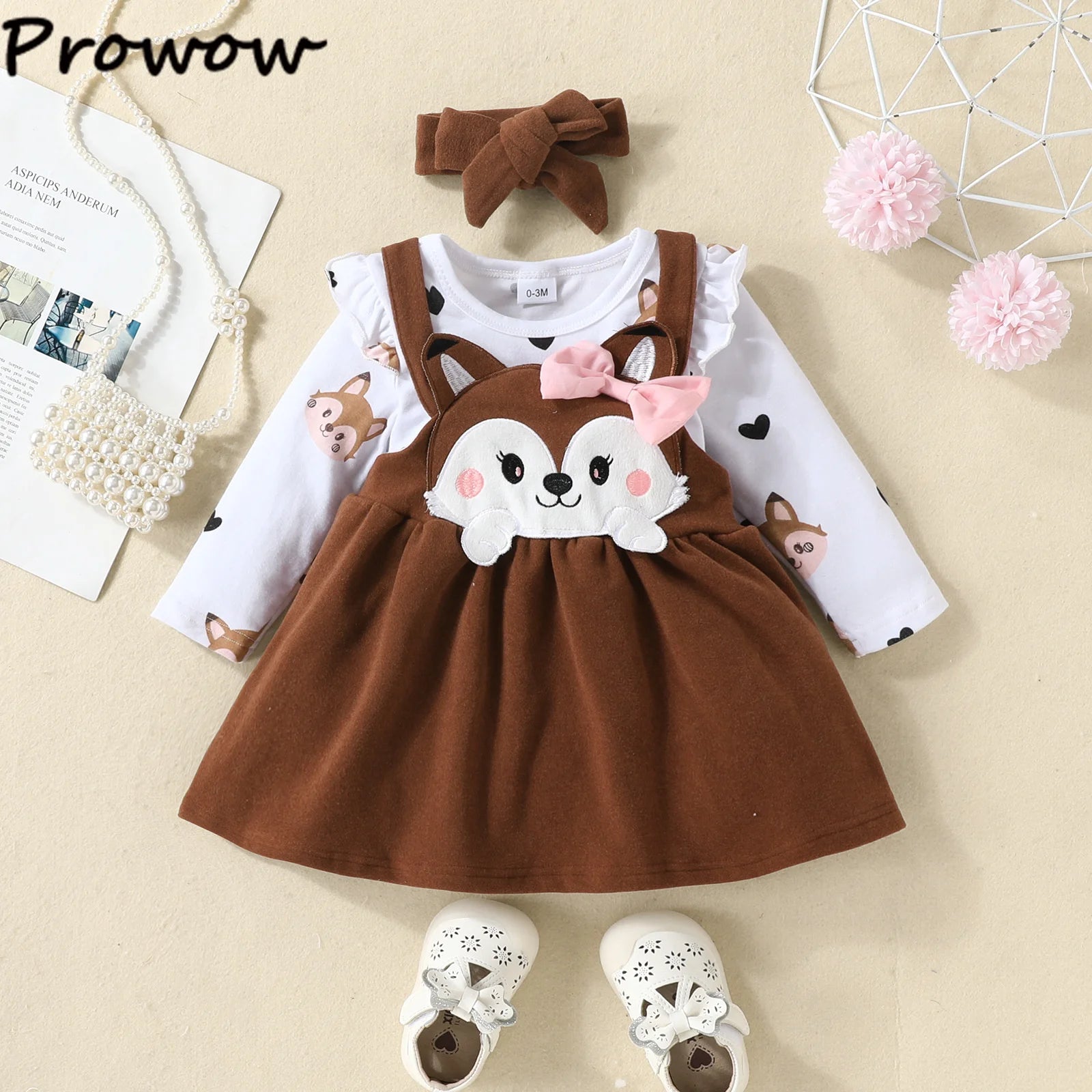 Prowow Cute Fox Baby Dresses For Girls Heart Print Romper+Suspender Fox Dress For Girls Fall Winter Newborn Baby Girl Clothes