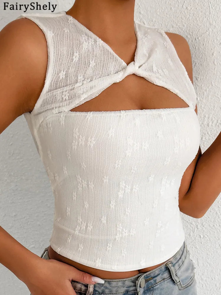 Fairyshely 2026 Sexy Summer Sleeveless Short Lace Top Women Hollow Bodycon Crop Tops Lady Solid Off Shoulder Club Party Clothes