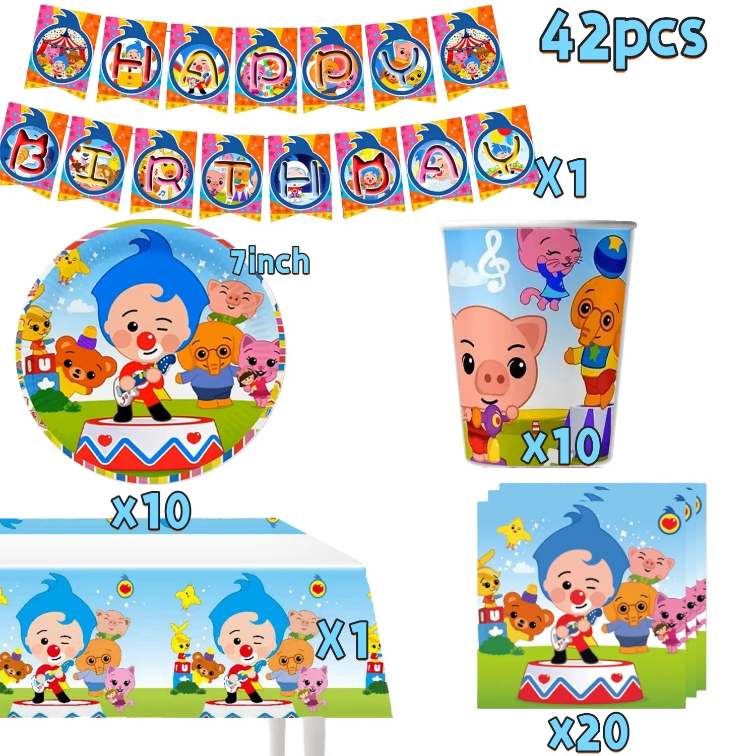 Catoon Clown Birthday Party Decoration Cute Tableware Cup Plate Balloon Banner Backdrop Gift Bag Favors for Kids Baby Supplies