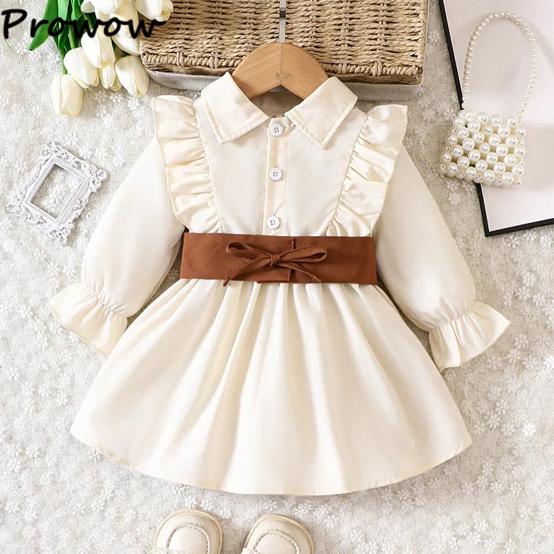 Prowow Baby Dresses Long Sleeve Beige Turn-Down Collar Shirt Dress With Waist Tape 2pcs Sets Newborn Toddler Girls Clothes