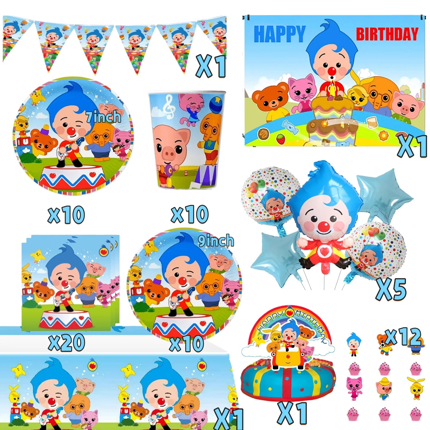 Catoon Clown Birthday Party Decoration Cute Tableware Cup Plate Balloon Banner Backdrop Gift Bag Favors for Kids Baby Supplies
