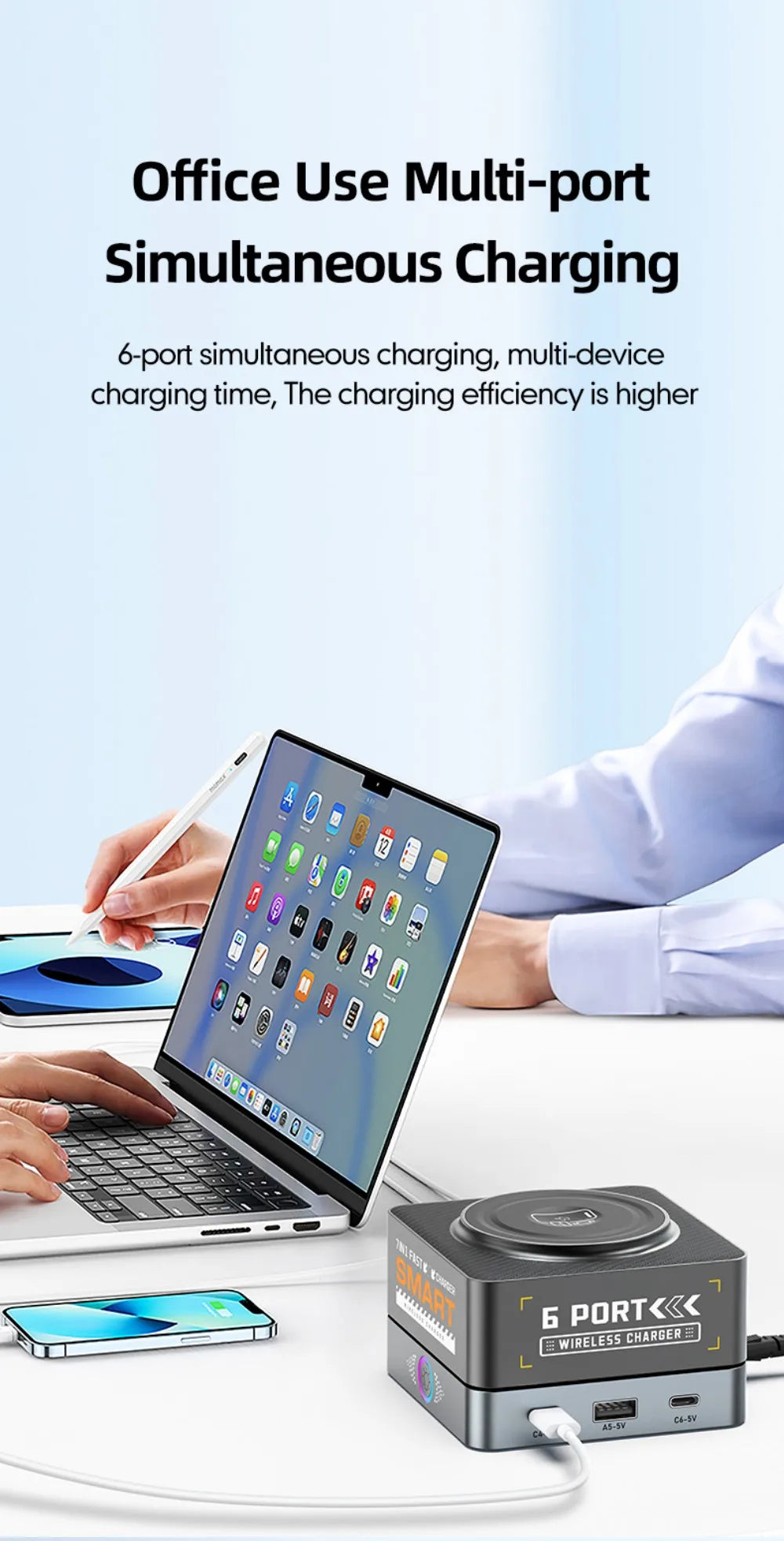 200W 7-in-1 Smart Charger PD Fast Charging USB Type C Power Station for iPhone 16 15 pro Max Multi-Device Charging Station