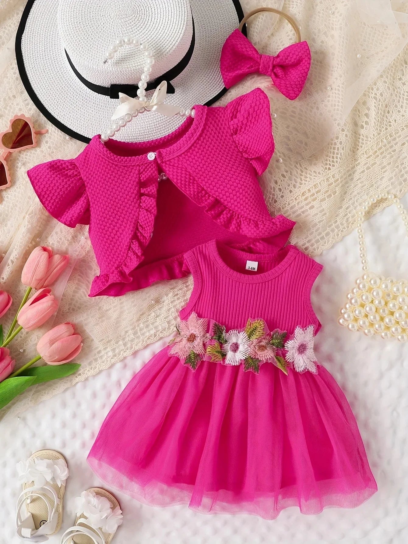 Prowow Baby Dresses With Coat Waffles Open Shirt Top and Pink Embroidery Floral Dress For Girls Birthday Party Kids Baby Clothes