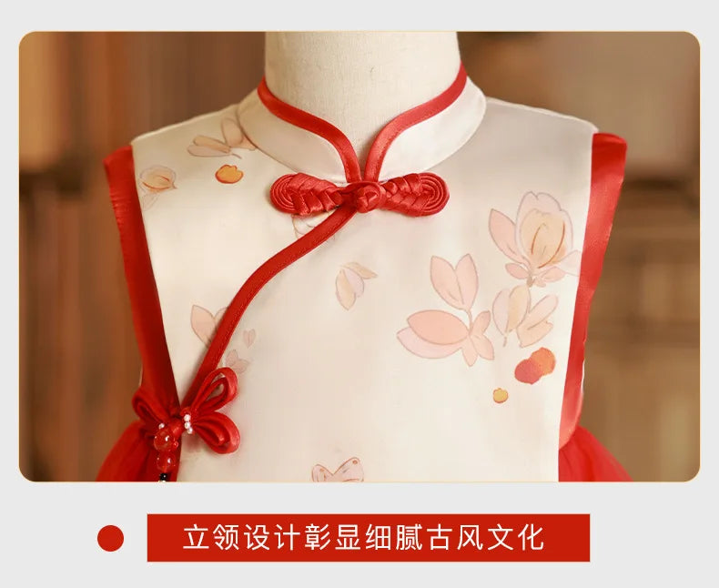 Summer Toddler Girl Clothes Chinese Style Fashion Princess Red Sleeveless Mesh Baby Dresses Luxury Birthday Kids Dress BC569