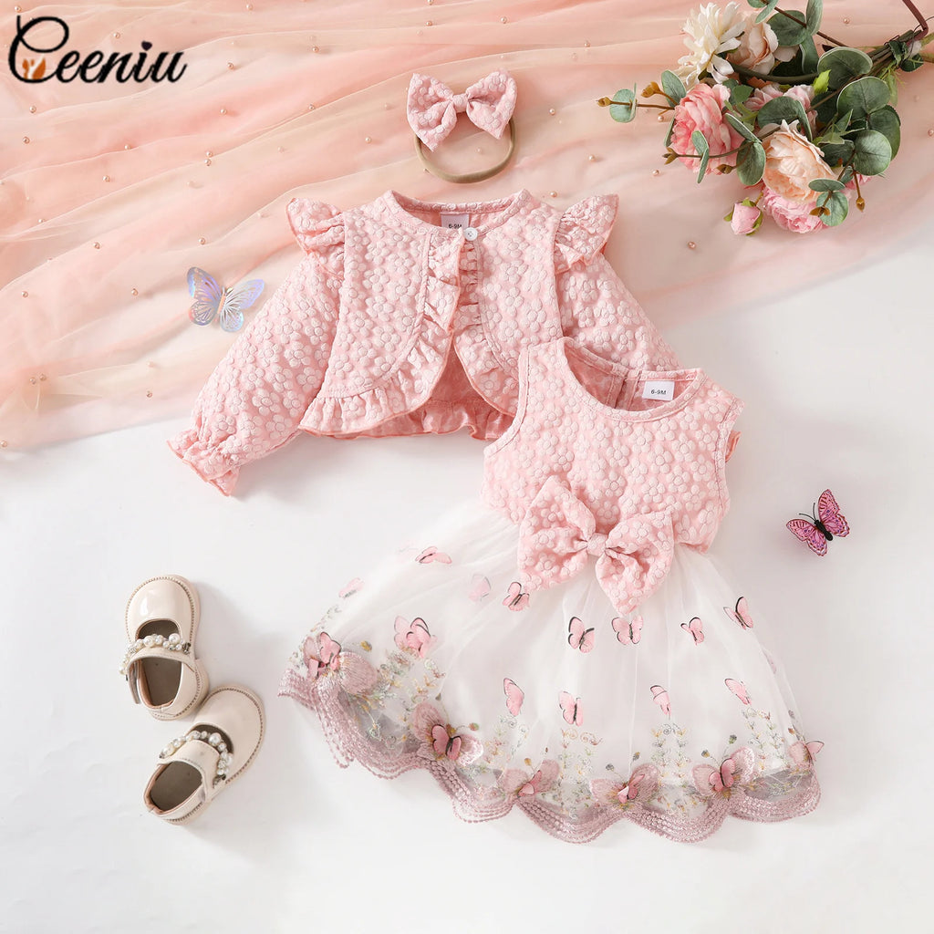 Ceeniu Baby Dresses For Birthday Long Sleeve Ruffles Bow Butterfly Party Dress For Girls 2024 Toddler Newborn Girl Clothes 2024