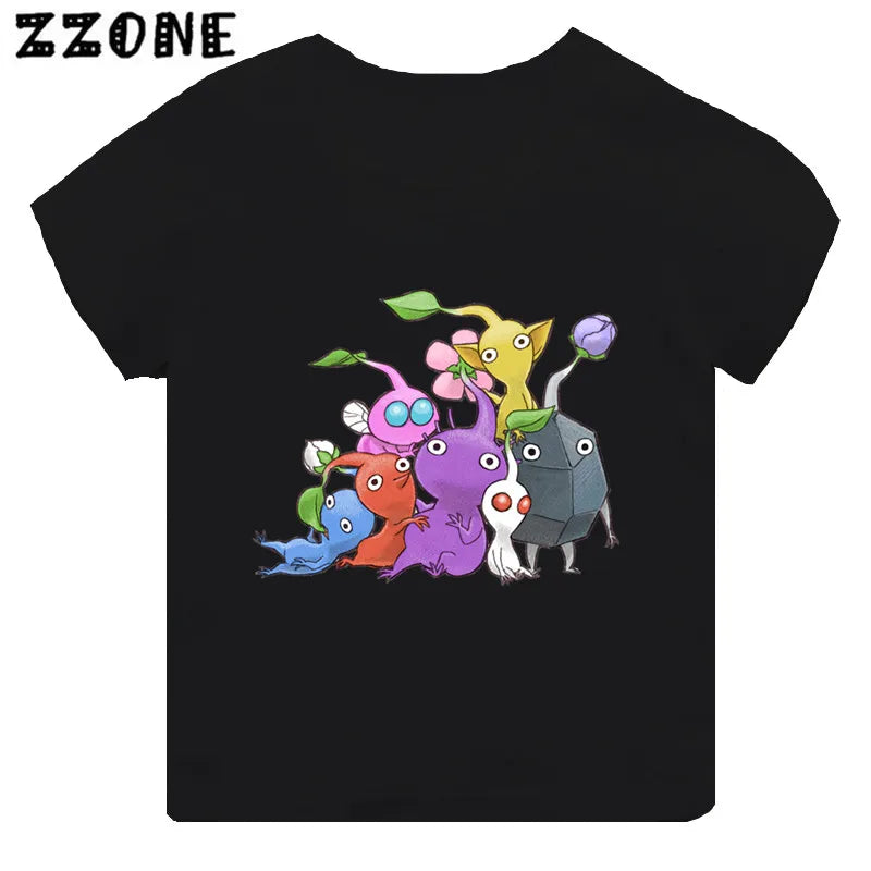 Hot Sale Video Game Pikmin 4 Print Cartoon Kids T-shirt Girls Clothes Baby Boys Black Short Sleeve T shirt Children Tops,TH5868