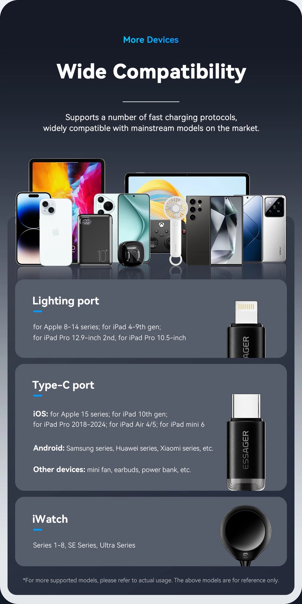 Essager 3 in 1 Multi USB A Charging Cable for Apple iWatch iPhone 16/15/14/13 Pro With USB Type C Lightning Fast Charging Cable