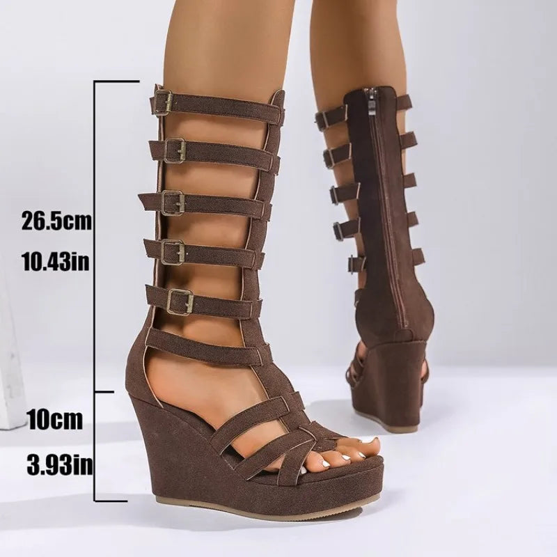 Summer Women Platform Sandals Plus-size  High-top Hollowed-out Flat Shoes Women Belt-buckle Soft-soled Roman Wedge Sandals Women