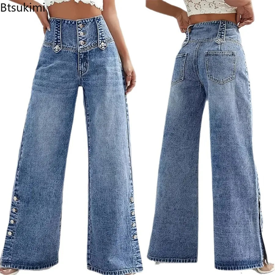 2026 Casual Jeans Pant Pantalones High Waist Wide Leg Trouser Women's Clothing Retro Street Style All-match Buttons Slit Fashion