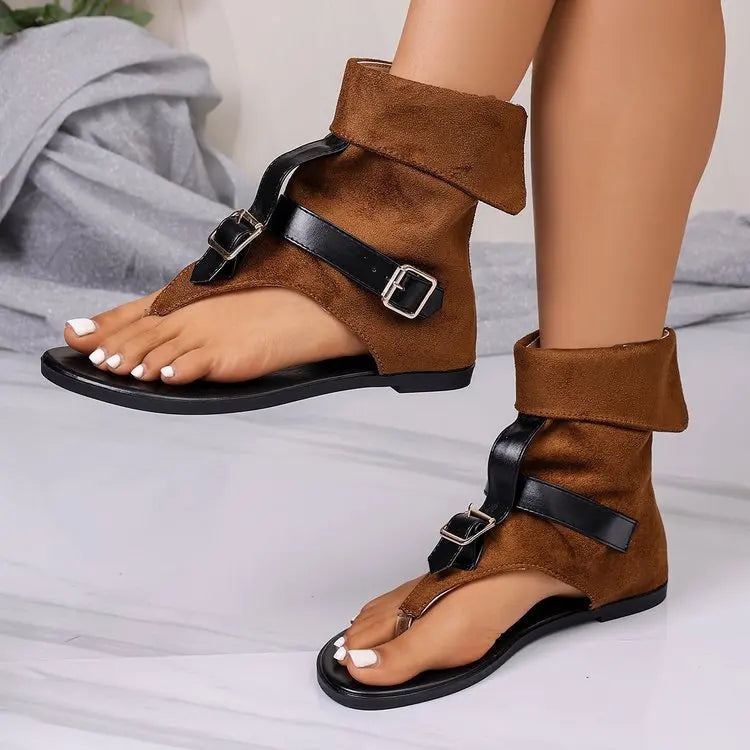 Summer Women Sandals Trend New Clip Toe Roman Sandals Denim Belt Buckle Large Size High Top Flat Boots Dressy Casual Shoes Women