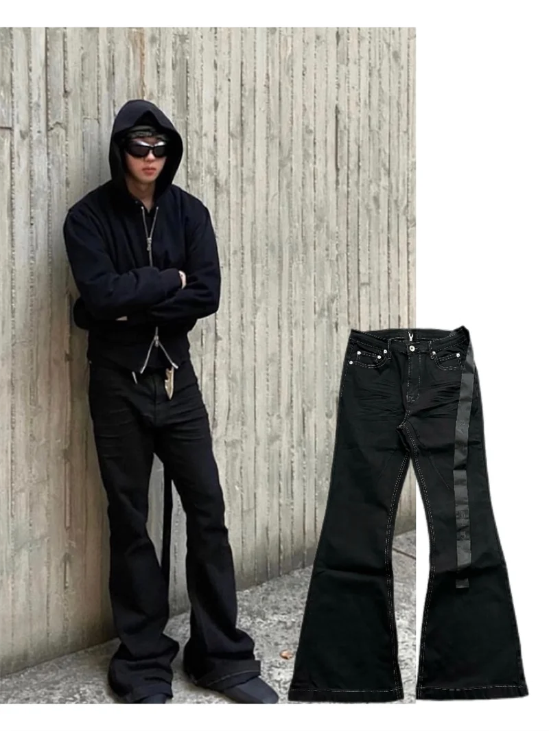 High Street RO Style Denim Pants Men's 24SS Basic Elastic Black Ribbon Loose Flared Streetwear Casual Jeans Pants Men Clothing
