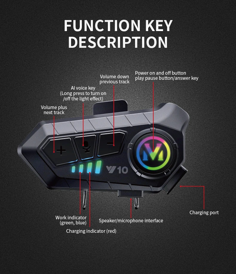 Y10 Motorcycle Bluetooth 5.3 Helmet Headset with Colorful Lights Waterproof Wireless Earphone Hands-free Headset Waterproof