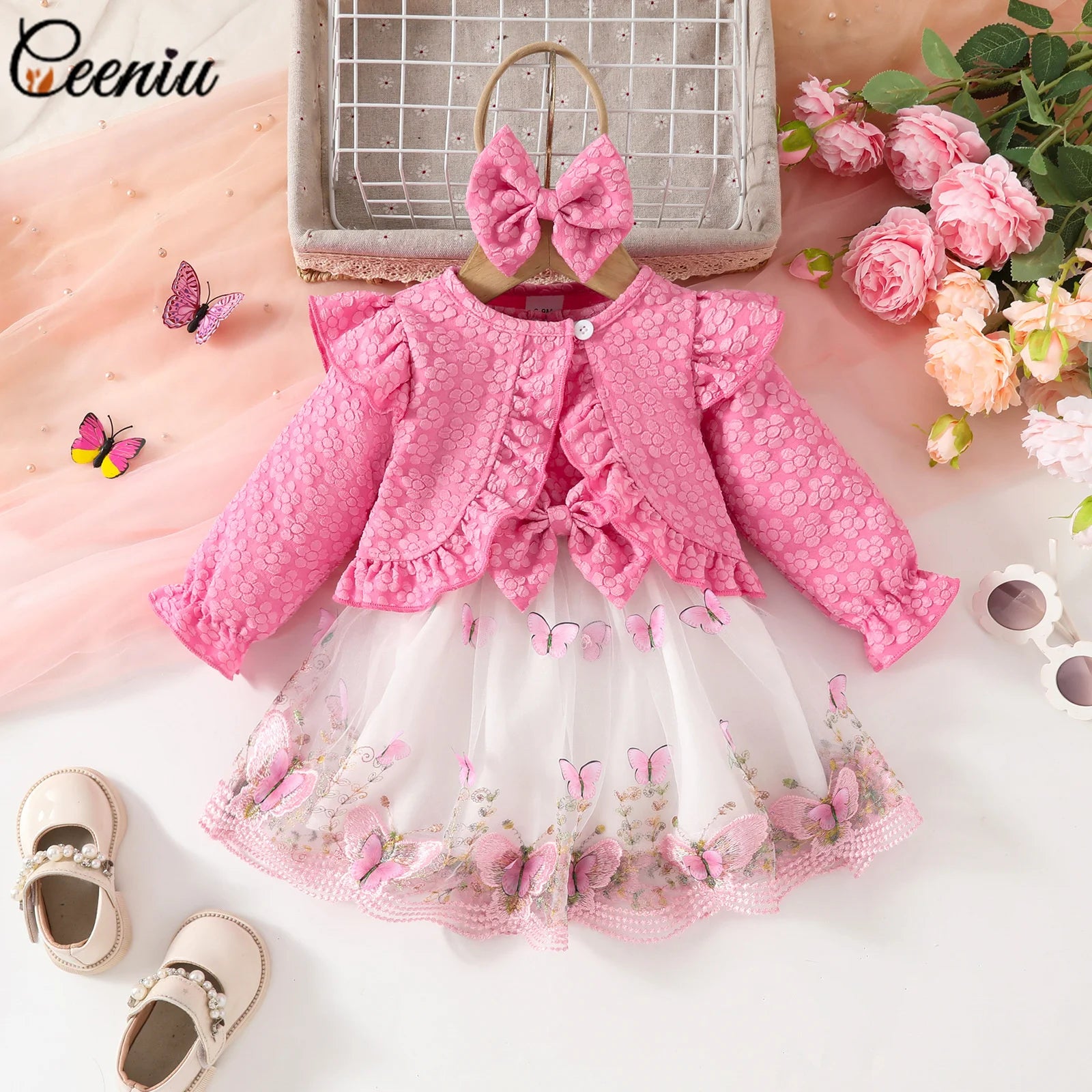 Ceeniu Baby Dresses For Birthday Long Sleeve Ruffles Bow Butterfly Party Dress For Girls 2024 Toddler Newborn Girl Clothes 2024