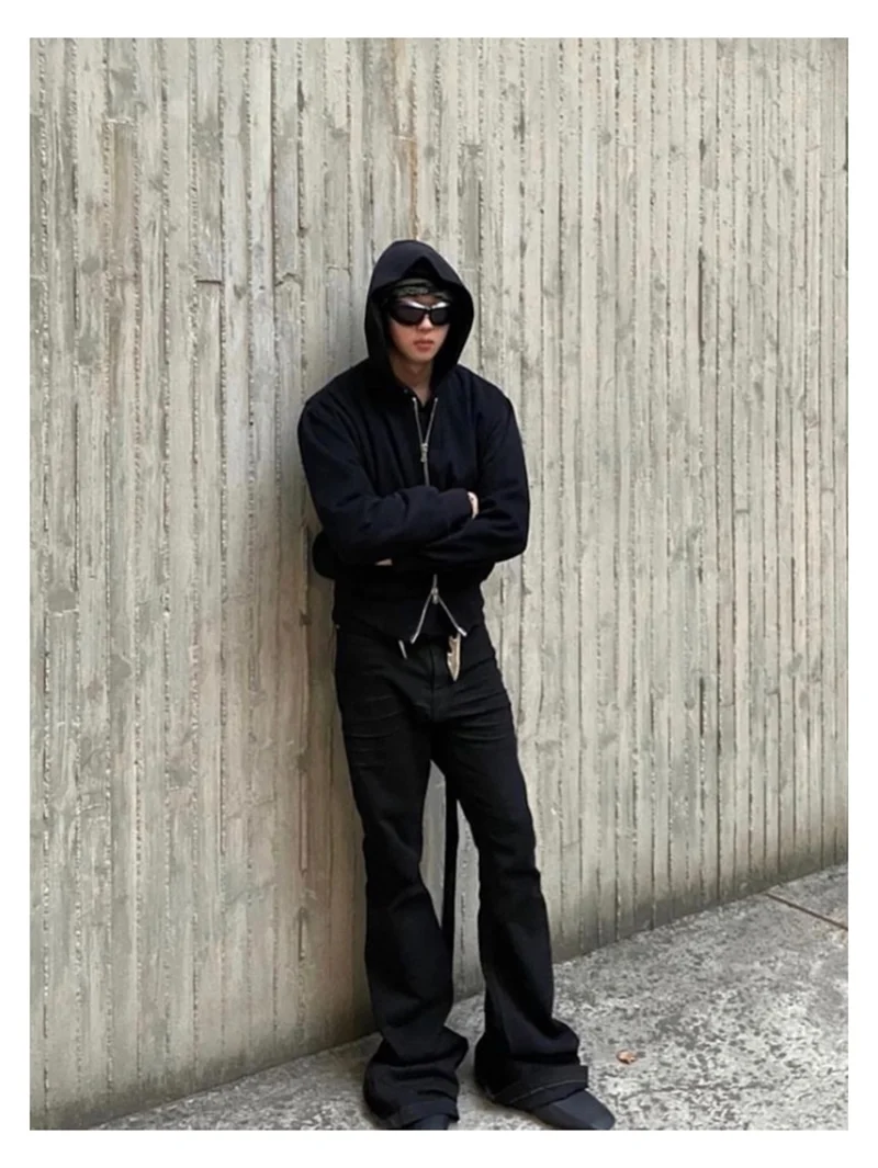 High Street RO Style Denim Pants Men's 24SS Basic Elastic Black Ribbon Loose Flared Streetwear Casual Jeans Pants Men Clothing