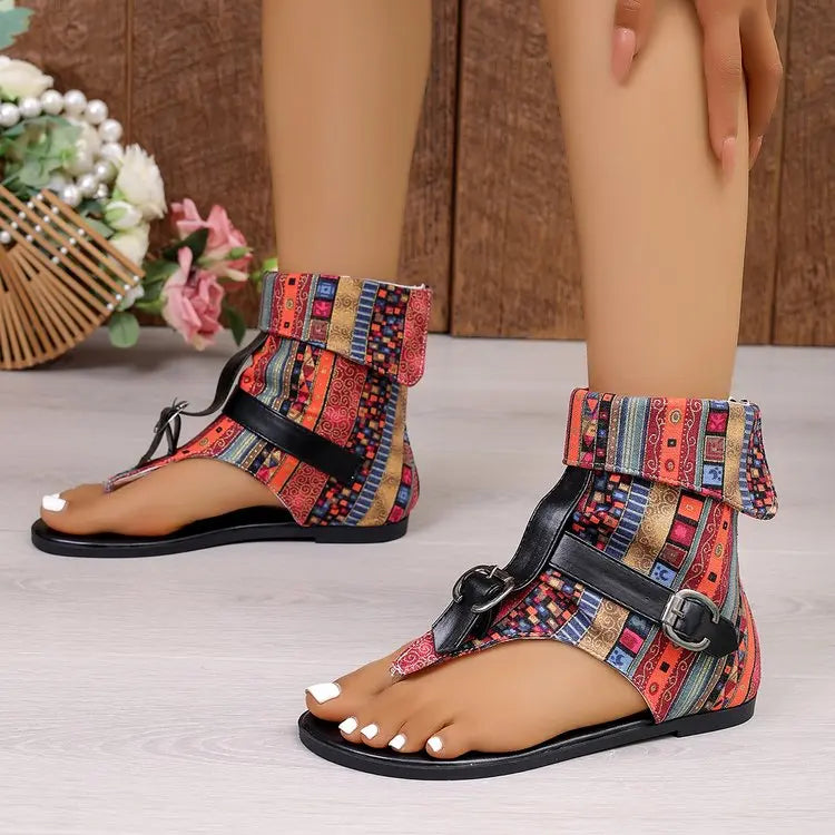 Summer Women Sandals Trend New Clip Toe Roman Sandals Denim Belt Buckle Large Size High Top Flat Boots Dressy Casual Shoes Women
