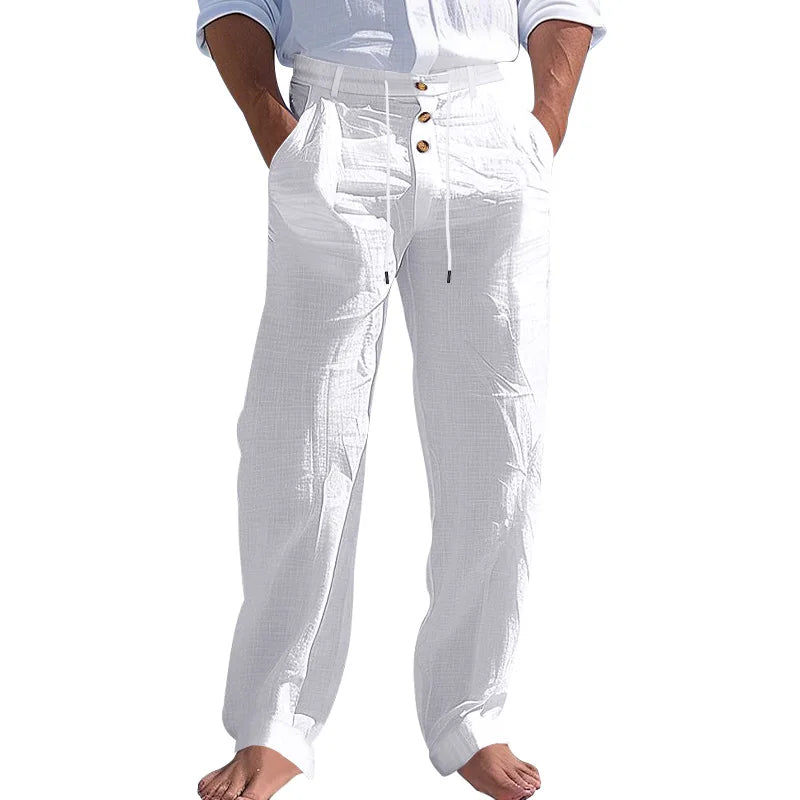Men's Linen Pants Men's Lightweight Linen Blend Pants Jogging Men Casual Trousers with Button Design Basic Beach Vacation