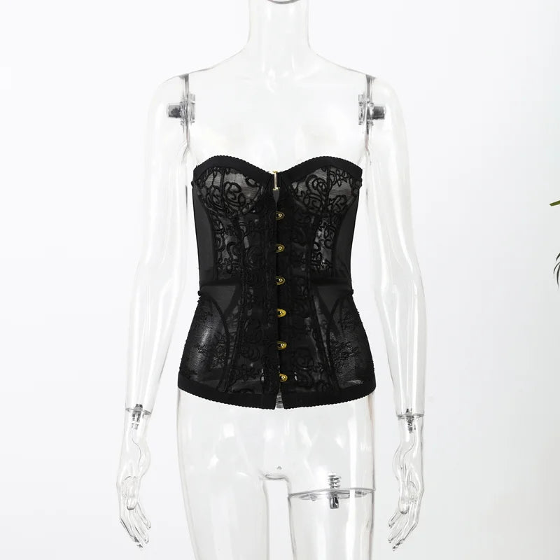 Sexy Lace Women Vest Elegant Slash Neck Single Breasted Sleeveless Backless Female Tank Top 2025 Summer Fashion Lady Streetwear
