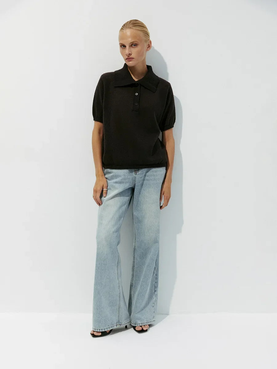 Casual Short Sleeve Knit Pullover For Women Lapel Patchwork See-Through Solid Commute Hollow Out Knitwear Sweater Pullover