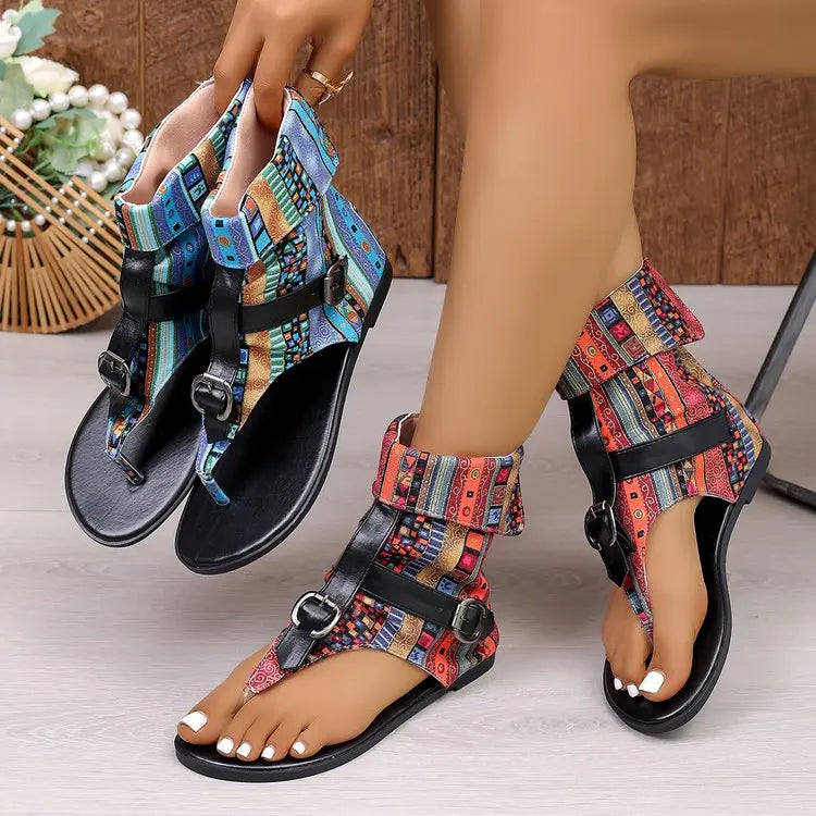 Summer Women Sandals Trend New Clip Toe Roman Sandals Denim Belt Buckle Large Size High Top Flat Boots Dressy Casual Shoes Women
