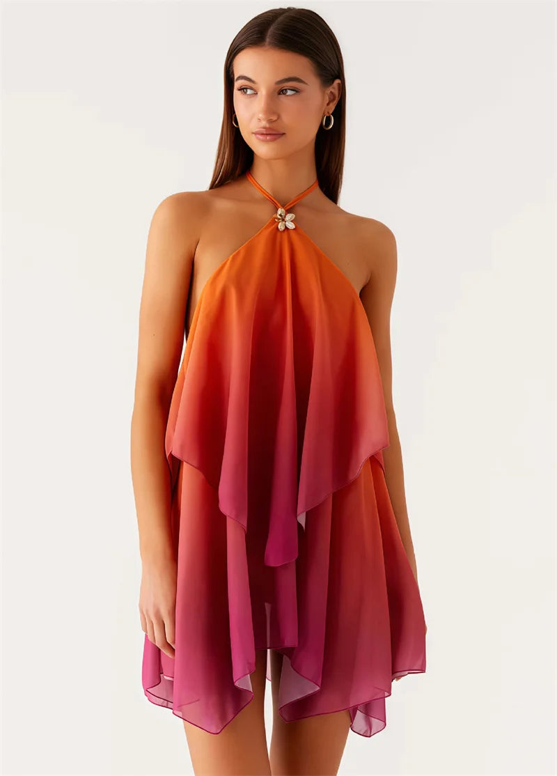 Mozision Gradient Halter Backless Sexy Mini Dress Women Gown Elegant Mesh Zipper Off-shoulder Sleeveless Club Party Dresses