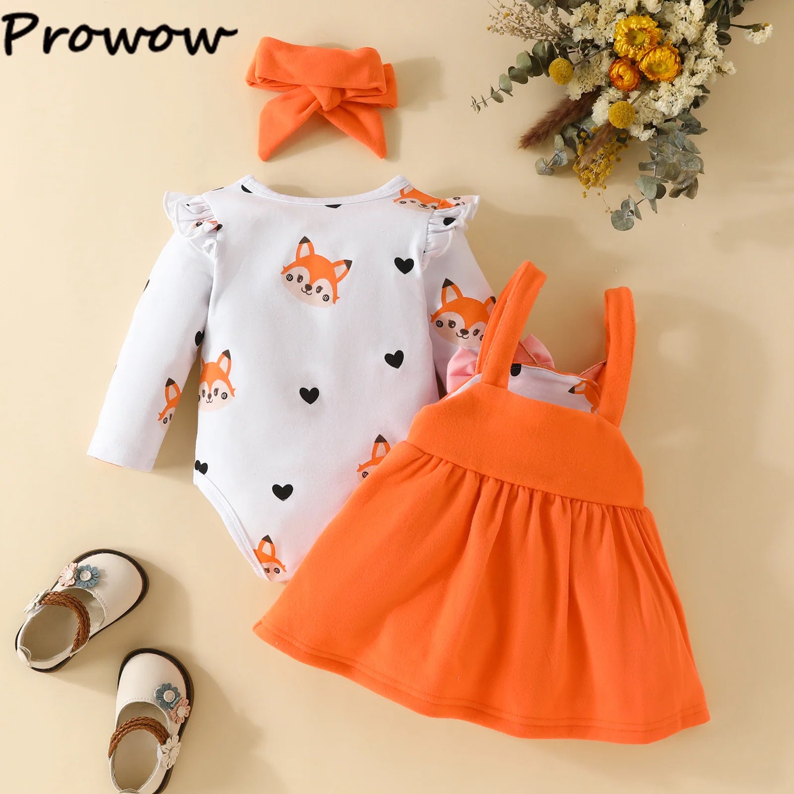 Prowow Cute Fox Baby Dresses For Girls Heart Print Romper+Suspender Fox Dress For Girls Fall Winter Newborn Baby Girl Clothes