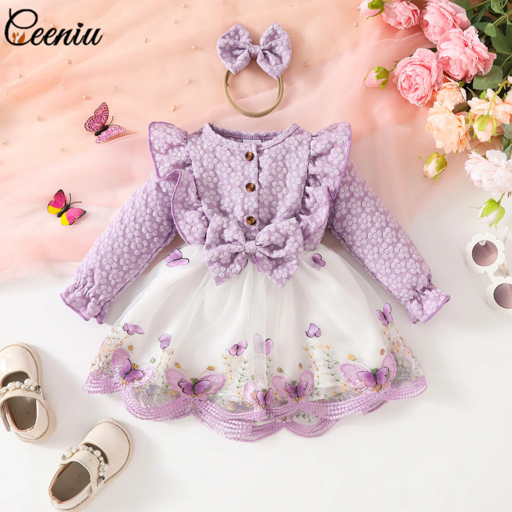 Ceeniu Baby Dresses For Birthday Long Sleeve Ruffles Bow Butterfly Party Dress For Girls 2024 Toddler Newborn Girl Clothes 2024