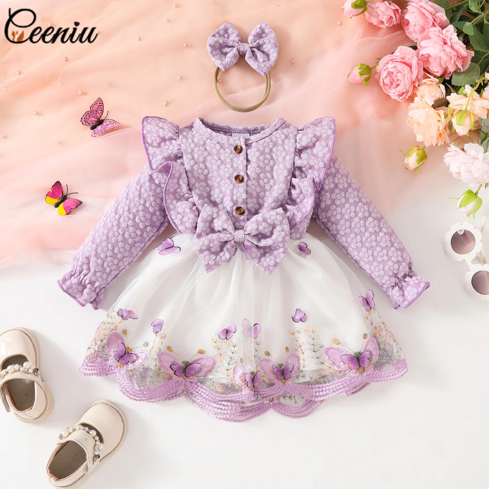 Ceeniu Baby Dresses For Birthday Long Sleeve Ruffles Bow Butterfly Party Dress For Girls 2024 Toddler Newborn Girl Clothes 2024